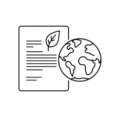 A line drawing of a document with a leaf and a globe representing environmental sustainability
