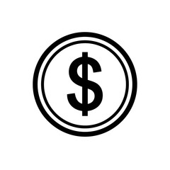 A simple black and white graphic illustration of a dollar coin symbol on a white background