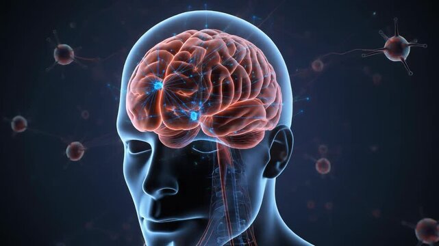 Ilustraci&oacute;n representativa del cerebro humano on conexiones neuronales y est&iacute;mulos externos que generan reacci&oacute;n