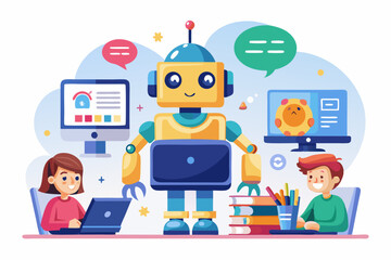 Vector illustration of a human developer working on a laptop with the assistance of a friendly AI robot. 