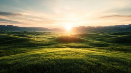 A breathtaking sunrise casts a golden light over lush green hills, creating a serene and idyllic landscape that inspires tranquility and connection with nature.