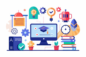 Vector illustration of a human developer working on a laptop with the assistance of a friendly AI robot. 