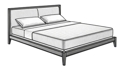 Modern black and white line drawing of a minimalist bed with simple headboard and mattress, ideal for furniture blueprints or catalog use.
