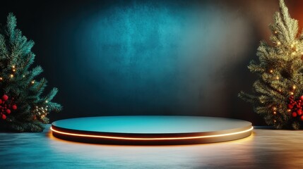 A sleek and modern stage with vibrant blue and orange lighting, flanked by lush trees adorned with holiday decor, perfect for capturing the spirit of joyful celebrations.