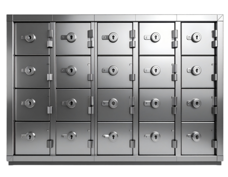 Row of metallic safe deposit boxes with numbered doors, isolated on transparent background PNG