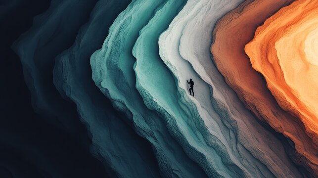 An abstract landscape showcases swirling layers of color from dark to light, highlighting the contrast and depth, inviting viewers to delve into an imaginative journey.