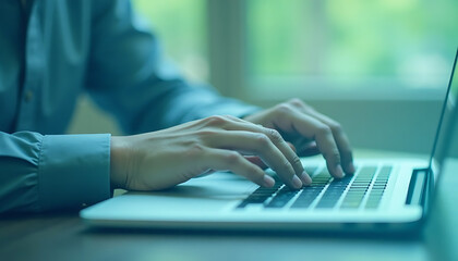 typing on laptop | Close-Up of Hands Typing on a Laptop Keyboard in a Bright Room
