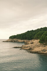 Dramatic Adriatic coastline with forested cliffs and rocky beach at sunset. Tourists sunbathing and exploring the natural shore.