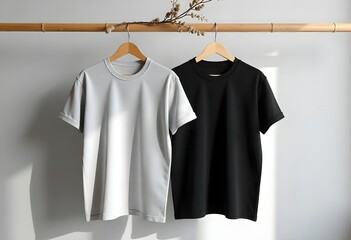 White blank cotton casual t-shirts on hangers, perfect for fashion apparel templates