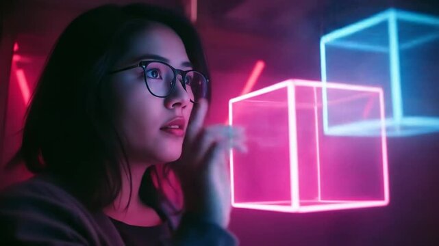 Woman with glasses interacts with metaverse, blockchain technology in futuristic neon environment. Touching digital cube, virtual world experience. 4k video
