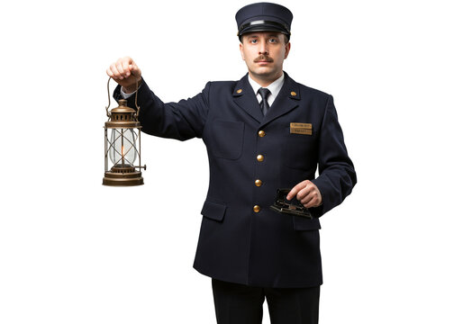 Classic Railway Conductor in Uniform Holding Vintage Lantern and Ticket Puncher, Studio Shot