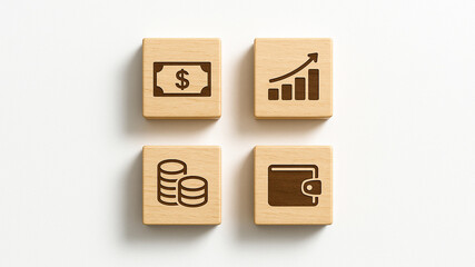 Set of financial icons featuring coins, wallet, and rising chart, symbolizing personal finance, savings growth, and economic planning in a clean and modern visual concept