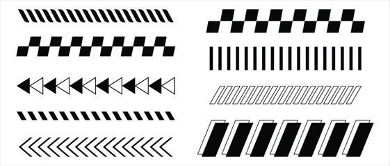 Black racing sport car strips arrow and race line decals for speed. race car vector, checkered flag designs, decal patterns, Geometric dashed barrier, tape or embroidery. 