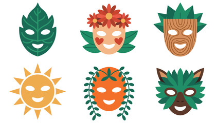 A fun vector illustration set of smiling cartoon animal characters and funny monsters with sun and flower icons