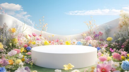 Floral Spring Garden Scene with White Podium