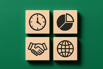 Wooden blocks featuring icons of a clock, handshake, chart, and globe, representing time management, global business cooperation, analytics, and international collaboration in a minimalist layout