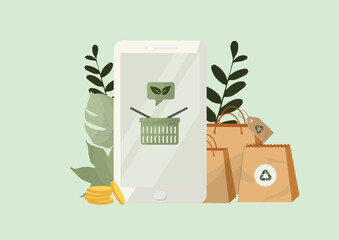 Eco friendly packaging and sustainable shopping bags with recyclable materials and plants. Green commerce and environmental responsibility suitable for retail marketing campaigns. Vector illustration