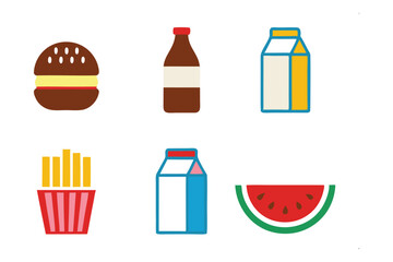 Food Icon Set: A vibrant collection of six food icons, featuring a burger, french fries, bottle, milk cartons, and watermelon slice, designed in a flat, minimalist style. 