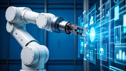 Wide banner featuring an industrial robot with a high-tech data stream background.
