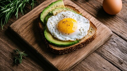A delicious serving of avocado toast topped with a perfectly fried egg, artfully placed on a rustic wooden board, making for a delightful breakfast or brunch option.