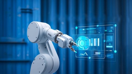 Wide banner featuring an industrial robot with a high-tech data stream background.