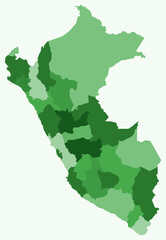Fototapeta premium Map of Peru with regions. A simple country border map with region division. Green color palette. Flat Peru shape with administrative division. Vector illustration.