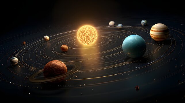 Photorealistic solar system in circular layout with orbit lines and detailed 3D planet textures, ideal for educational or decorative use.