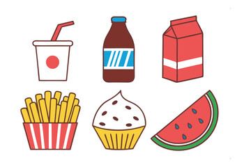 Snack Collection: A diverse arrangement of delicious snacks and beverages, each presented with a clean, minimalist style, making a fresh and eye-pleasing composition.