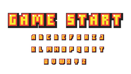 Pixel video game 8 bit font.Set of retro style latin capital letters and numbers. Vector illustration font.