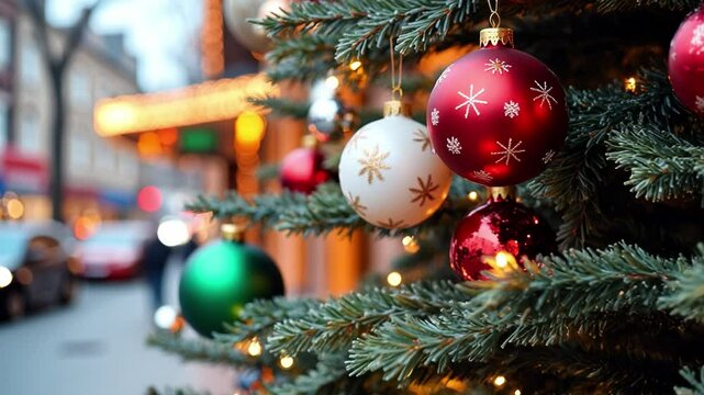Colorful Christmas ornaments hanging on street tree, perfect for holiday ads, festive banners, seasonal greeting cards, winter celebration visuals