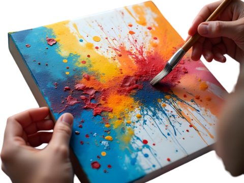 Artist hand holding brush with tablet for colorful painting and creative drawing art