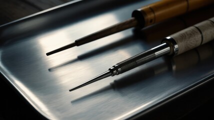 Naklejka premium Fine-tipped precision tools on metal tray in dim light