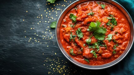A vibrant bowl of spicy tomato curry garnished with fresh coriander leaves, highlighting the rich color and texture of the dish, perfect for culinary enthusiasts and food lovers.