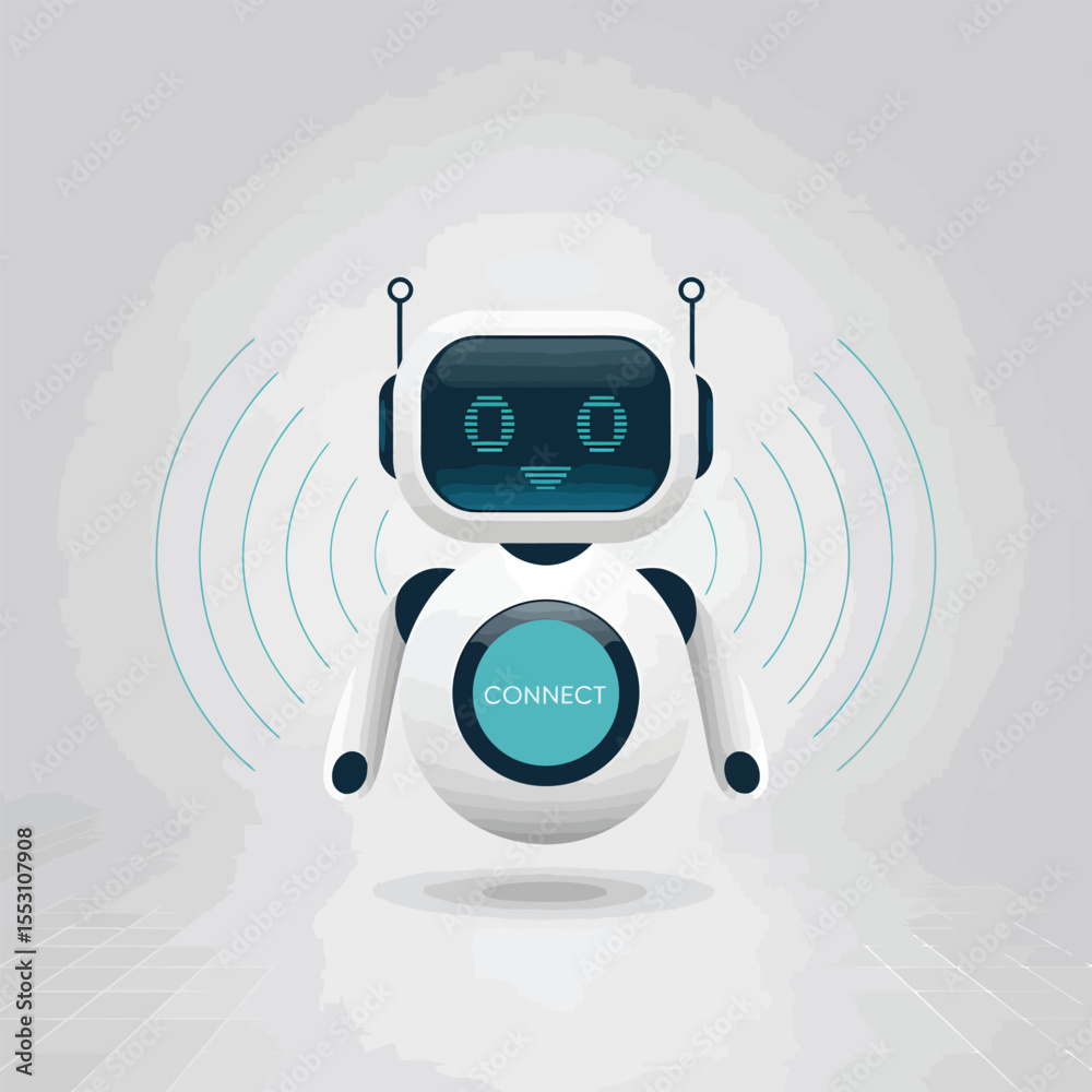 Poster white robot character with teal connect button and light blue wireless signal waves on a gray grid b