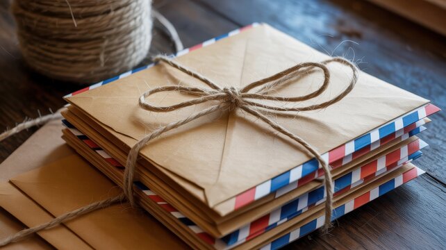 Vintage airmail envelopes tied with twine on wooden table