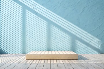 Fototapeta premium Minimalist scene with a wooden pedestal and light patterns on a blue wall