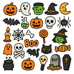 Fototapeta premium Halloween cartoon icons with pumpkin ghost witch skull bat spider candy and spooky elements creating fun and festive spooky atmosphere