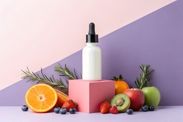 Natural skincare serum bottle surrounded by fresh fruits and rosemary