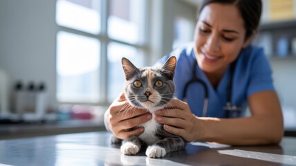 Female veterinarian caring for a cat in a bright animal clinic setting