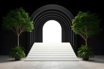 Fototapeta premium Modern minimalist entrance with white stairs and lush green trees