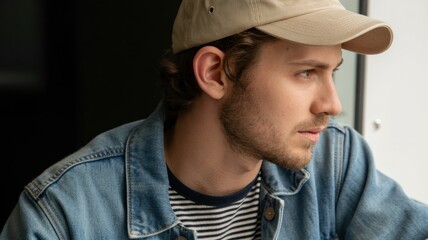 Fototapeta premium Young caucasian male in denim jacket and cap looking out window
