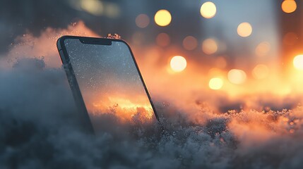 Smartphone resting within foggy morning light, abstract graphic elements blending with soft haze, modern tech aesthetic suited for digital product mockups and conceptual design work.