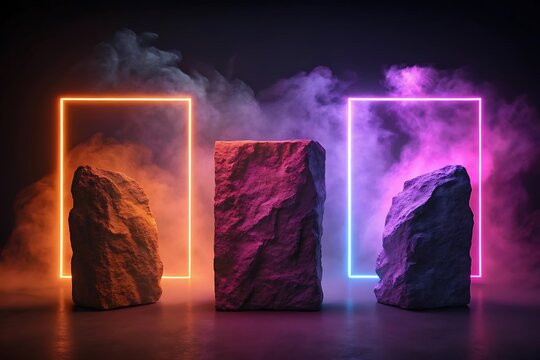 Three textured rocks illuminated by neon squares and smoke