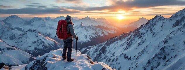 Hiker standing on a snowy mountain peak at sunrise, symbolizing adventure and achievement. Great for themes like motivation, travel, hiking, and exploration concepts