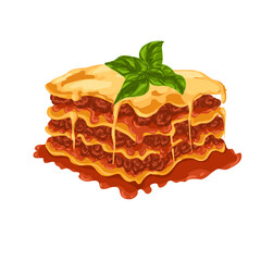 Vector illustration of classic Italian lasagna with layers of sauce, pasta and cheese. Cartoon hand drawn food art for packaging, menu visuals, product design, restaurant graphics, stickers