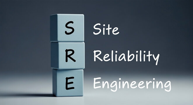 Colored cubes with the letter SRE or the word site reliability engineering.