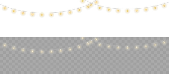Warm glowing cotton ball lights on wire string — elegant decorative garland for holiday cards, winter scenes, wedding templates, or cozy home design visuals. Transparent PNG format for easy use.
