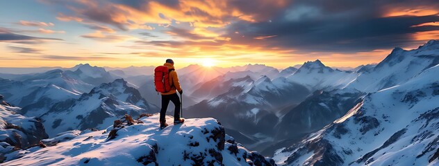 Hiker standing on a snowy mountain peak at sunrise, symbolizing adventure and achievement. Great for themes like motivation, travel, hiking, and exploration concepts
