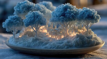 Snow-covered tiny world with icy trees, frosty buildings, magical winter terrain, small-scale frozen landscape, fantasy environment with glowing blue accents