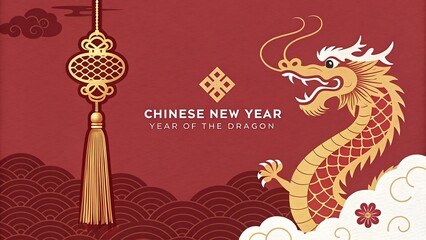 Chinese New Year celebration with Dragon illustration in vintage art style
